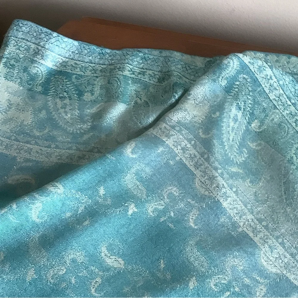 Silk Aqua Blue Paisley Summer Wrap with Fringe